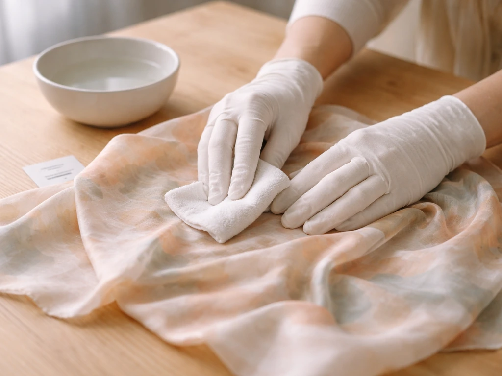 Mains appliquant un produit doux avec une lingette sur un foulard délicat, sans chaleur, en lumière naturelle.