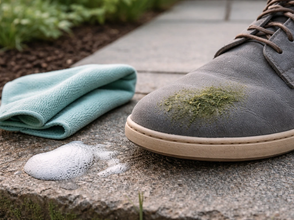 Tache d’herbe étalée sur tissu avec chiffon propre, montrant la mauvaise action plutôt que le tamponnage doux.