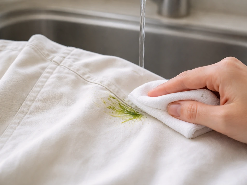 Pantalon blanc taché d’herbe, évier et eau froide en arrière-plan, rinçage et tamponnage sans frotter
