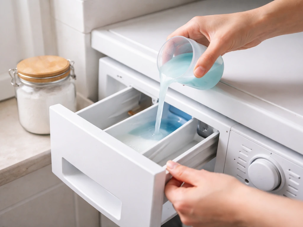 Bac à lessive d’un lave-linge ouvert, lessive claire et blanchissant oxygéné près du linge blanc.