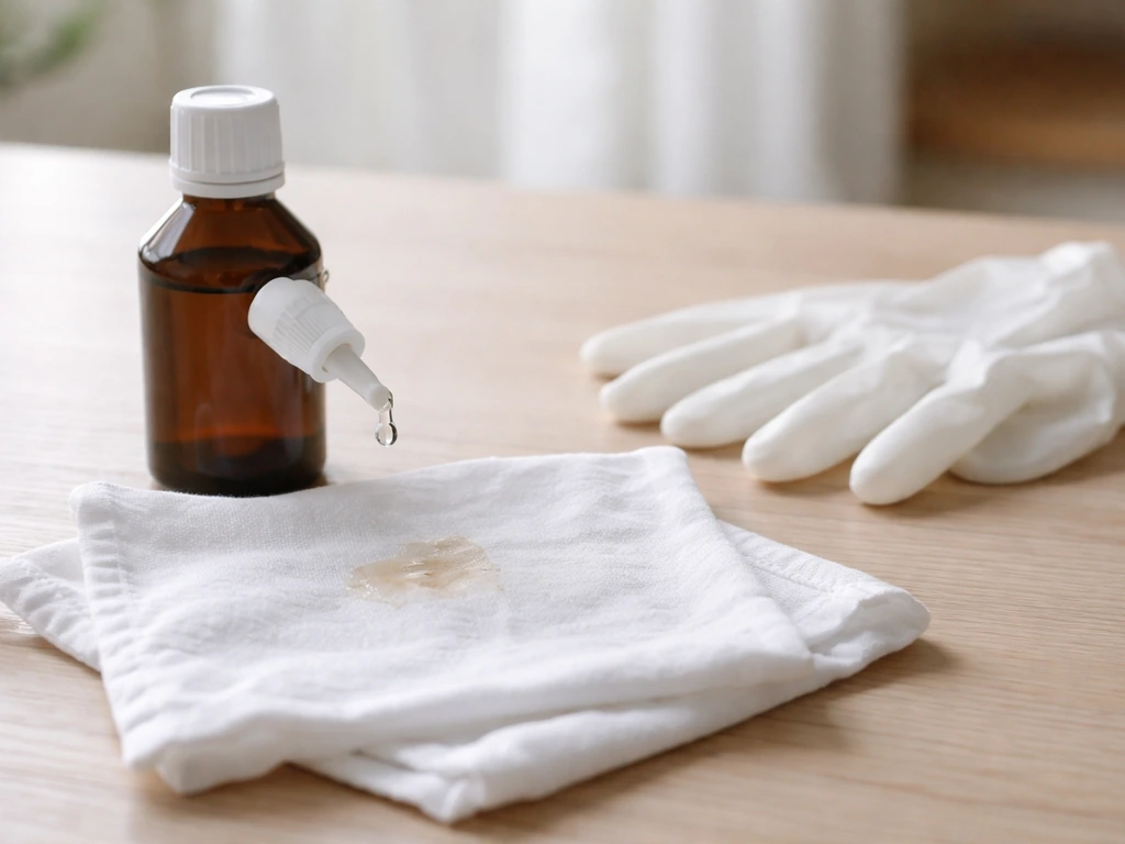 Gouttes d’eau oxygénée à 10 volumes sur une tache de textile blanc, scène de nettoyage minimaliste.