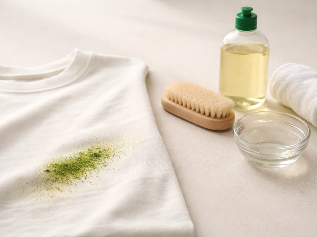 Vêtement taché d’herbe avec brosse douce, chiffon et mélange liquide pour un détachage avant traitement.
