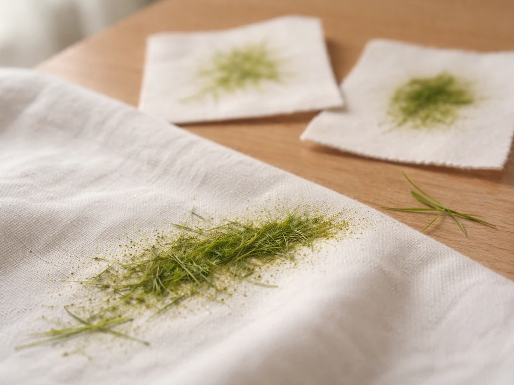 Gros plan d’une tache d’herbe fraîche sur tissu clair, avec comparaison à côté d’une tache d’herbe séchée.