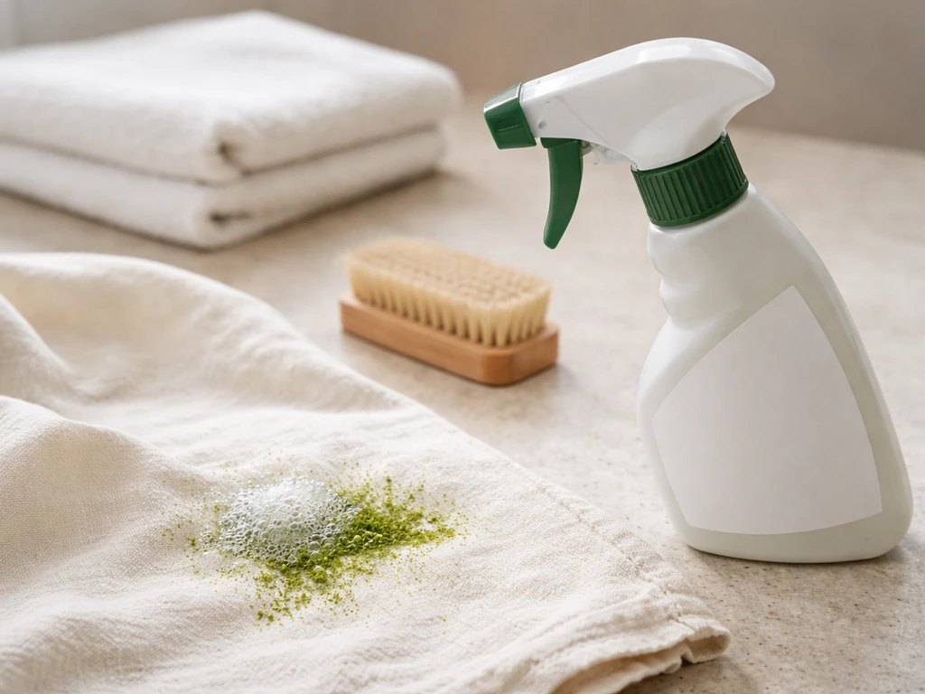 Flacon spray de détachant anti-taches d’herbe et petite tache d’herbe sur tissu, prêt pour pré-traitement avant lavage.