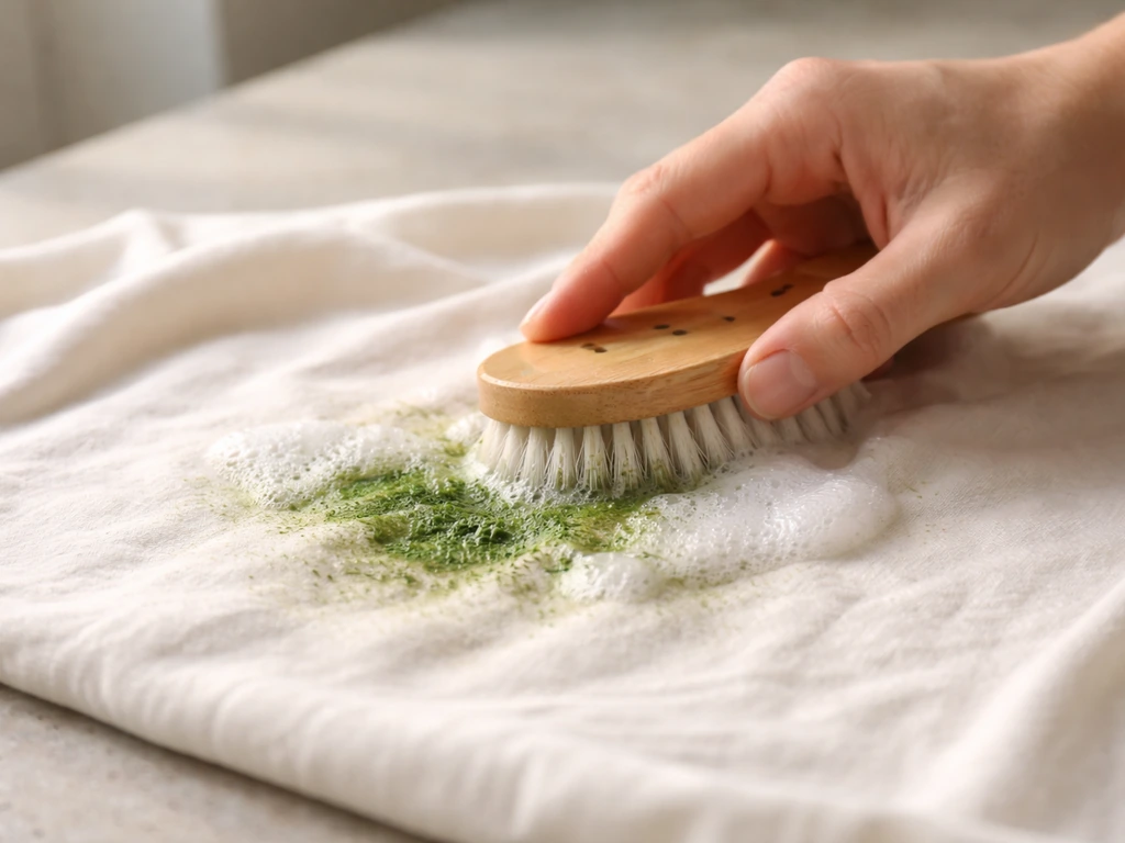 Main appliquant de l’eau savonneuse et frottant une tache d’herbe avec une brosse douce sur un tissu clair.