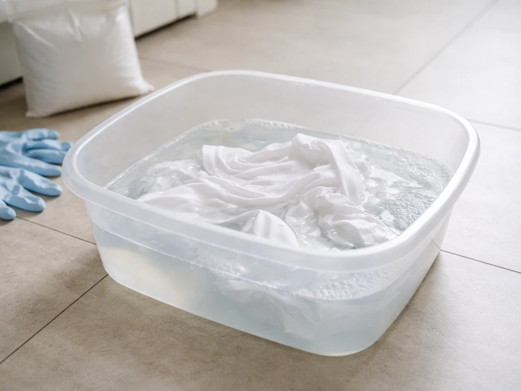 Vêtement blanc trempant dans un bain clair de percarbonate de soude, simple et propre, lumière naturelle.