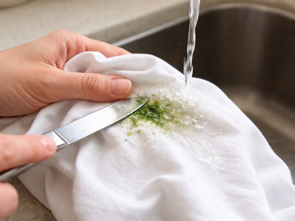 Main qui gratte doucement une tache d’herbe sur un vêtement clair, avec rinçage à l’eau froide.