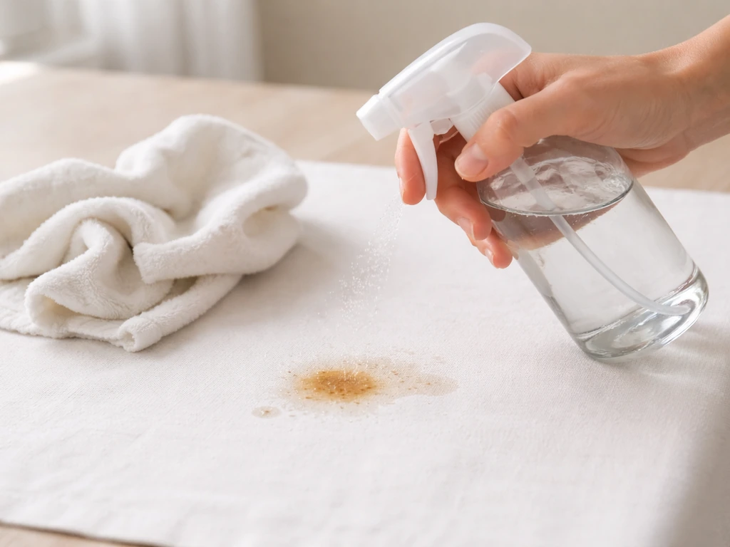 Main qui pulvérise un mélange eau froide/vinaigre 50/50 sur une tache récente sur tissu blanc.