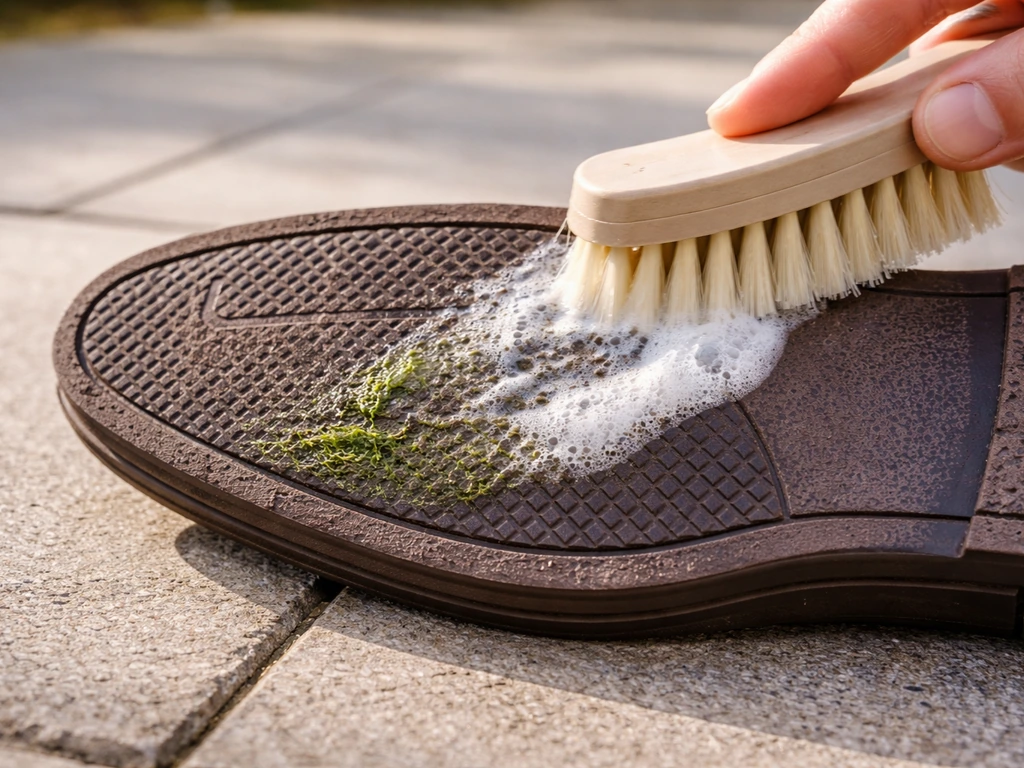 Brosse appliquant du liquide vaisselle dilué sur une semelle en caoutchouc tachée d’herbe.