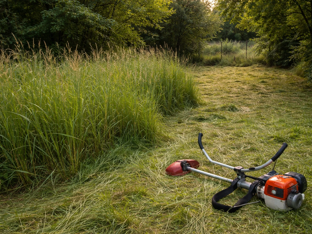 Terrain privé envahi d’herbe haute et débroussailleuse à proximité, ambiance jardin avant d’intervenir