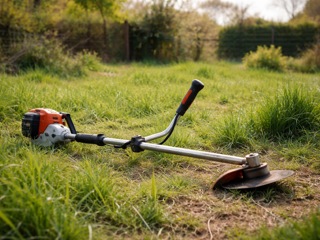 Terrain de jardin au printemps avec herbe haute et un débroussailleur posé au sol, prêt à commencer