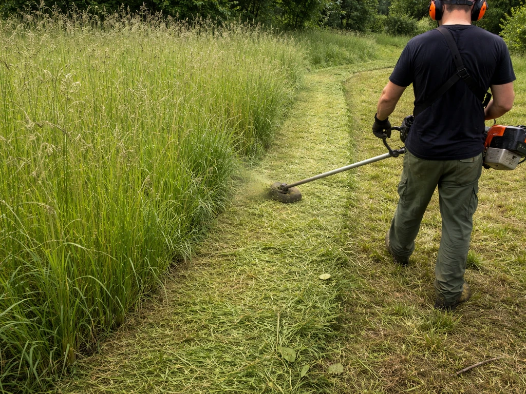 Débroussailleuse en action : bandes d’herbe coupées plus hautes puis plus basses sur un terrain simple.