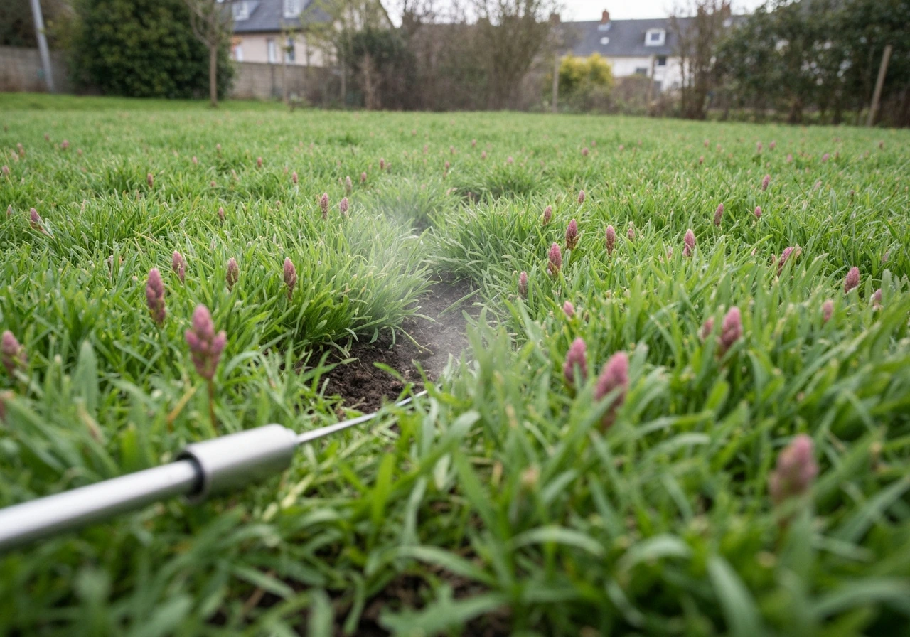 Tondeuse en action sur une pelouse verdoyante au printemps, avec de jeunes brins d’herbe vigoureux.