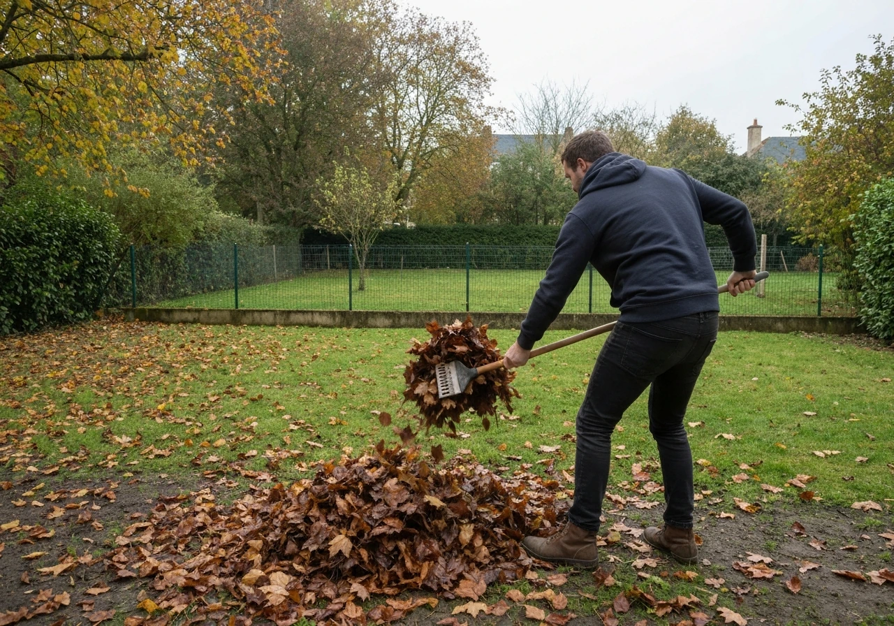 Personne qui ramasse des feuilles mortes sur une pelouse d’automne, après quelques tontes.