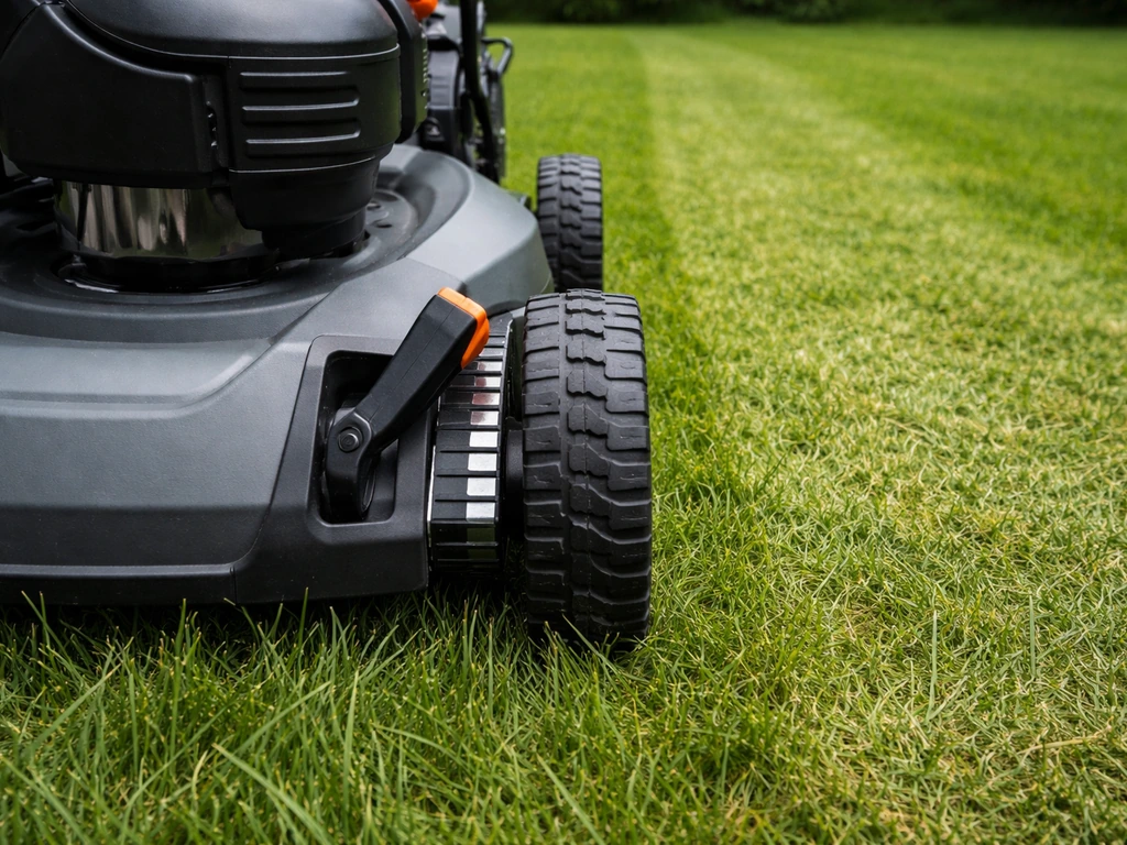 Molette/levier de hauteur de coupe d’une tondeuse réglable, avec une zone d’herbe avant-après.