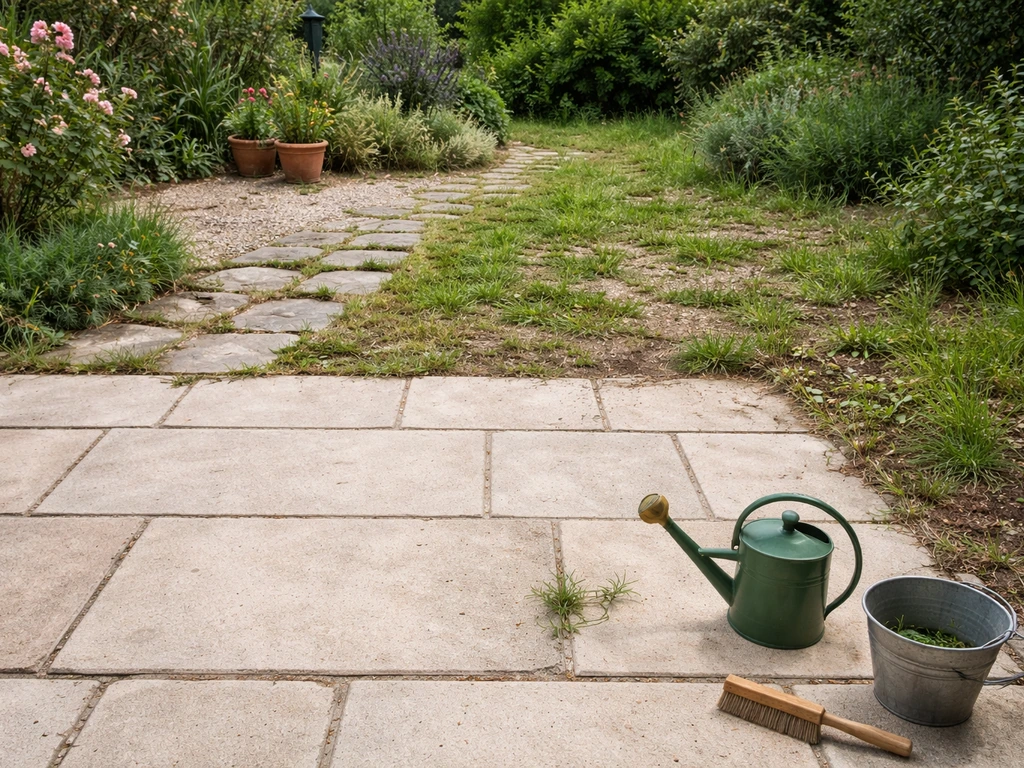 Jardin français : terrasse récemment désherbée, sol clair face à des zones d’herbe à traiter.