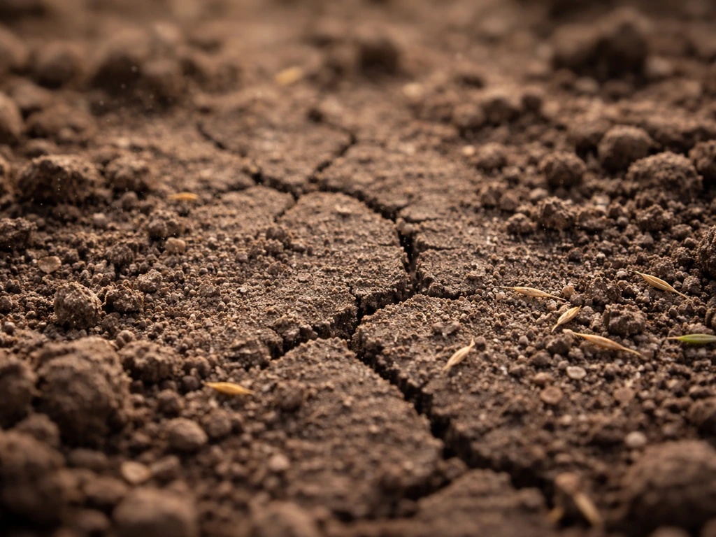 Gros plan sur des graines d’herbe et des fissures de terre de jardin, montrant le sol qui fait repousser.