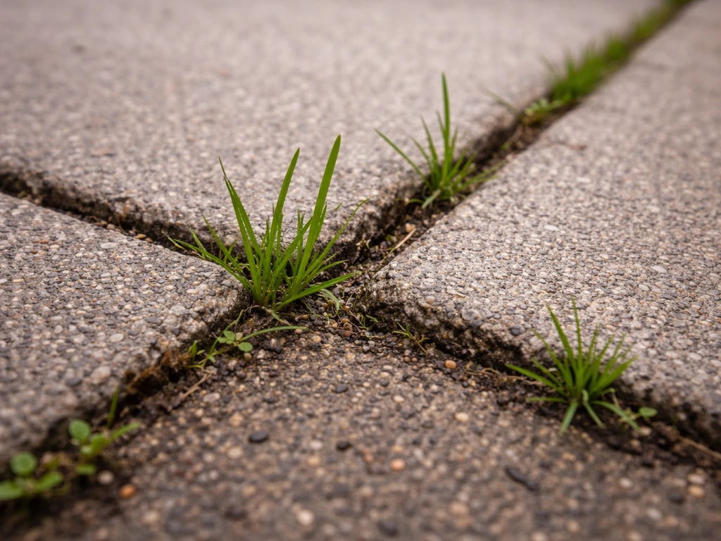 Gros plan sur des joints de dalles où l’herbe pousse, avec terre fine visible près des fissures.