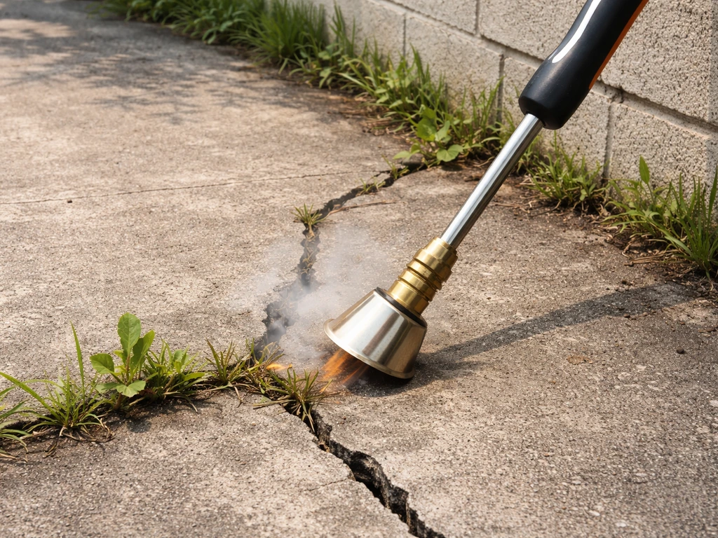 Désherbage thermique sur une terrasse bétonnée fissurée, herbes en bordure et brosse chauffante en action.