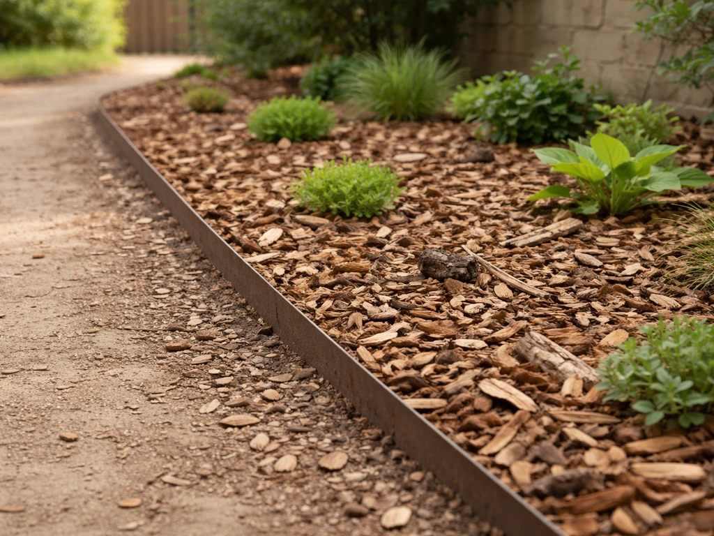 Paillage épais d’écorces et BRF au pied de plantes, le long d’une bordure enterrée.