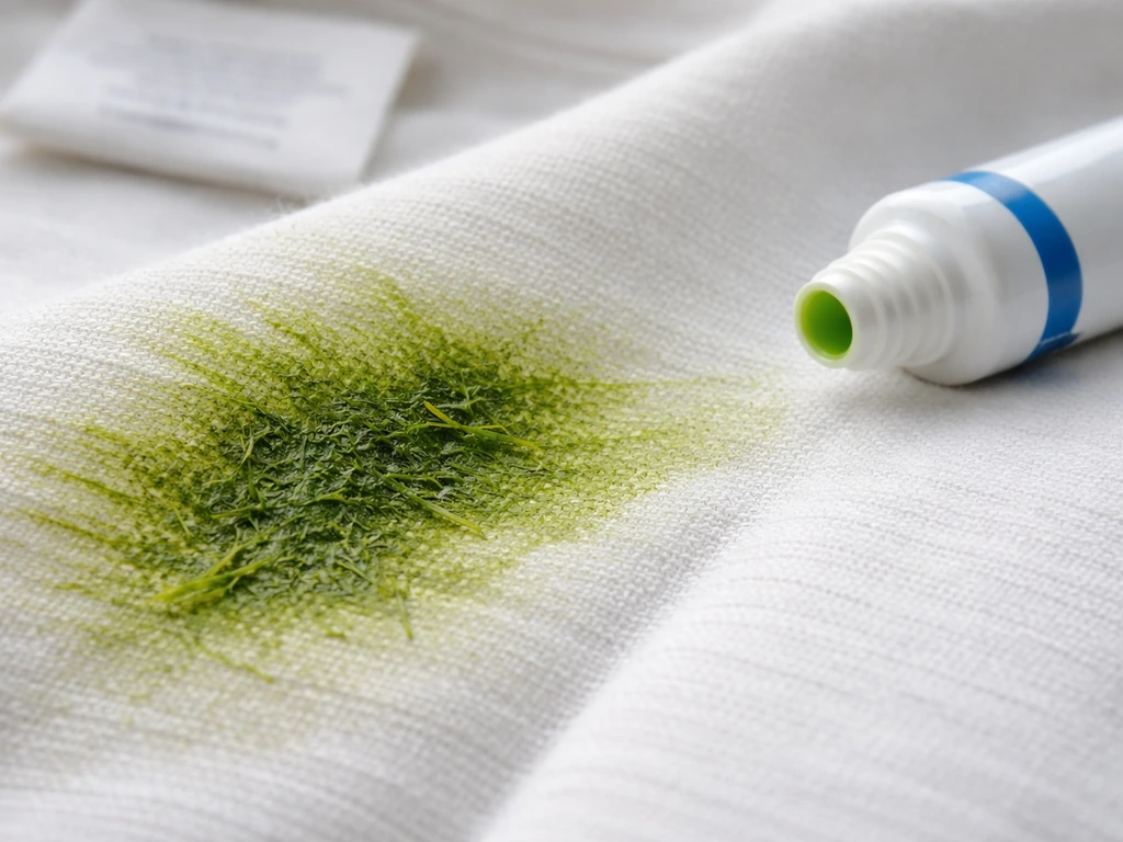 Gros plan d’une tache d’herbe verte et humide sur tissu blanc, près d’un tube de dentifrice, avec étiquette floue