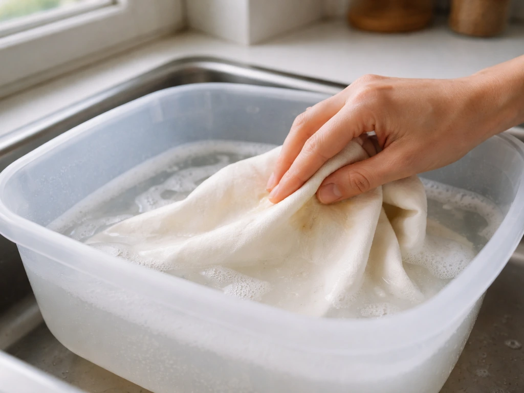 Main tamponnant un tissu blanc dans une bassine d’eau avec lessive, avant rinçage.