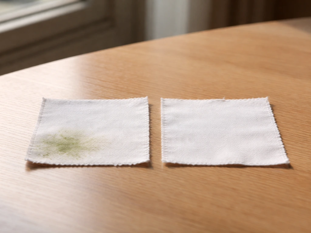Deux échantillons de tissu : tache d’herbe visible à gauche, zone nettoyée blanche à droite.