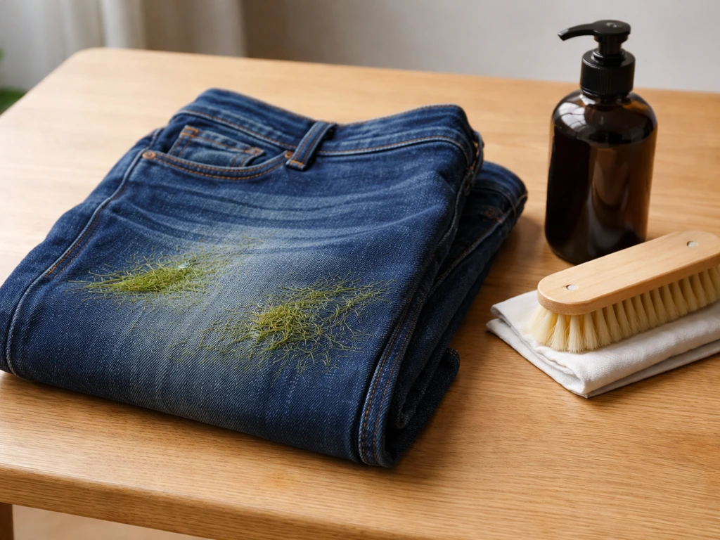 Jean bleu taché d’herbe posé sur une table, avec une brosse douce et un flacon de prétraitant à côté.