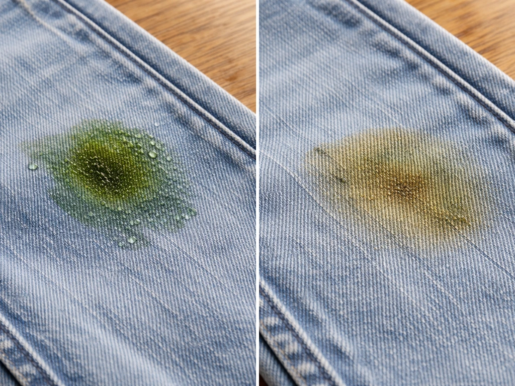 Gros plan sur un jean avec une tache verte fraîche à gauche et une tache brune ancienne à droite.