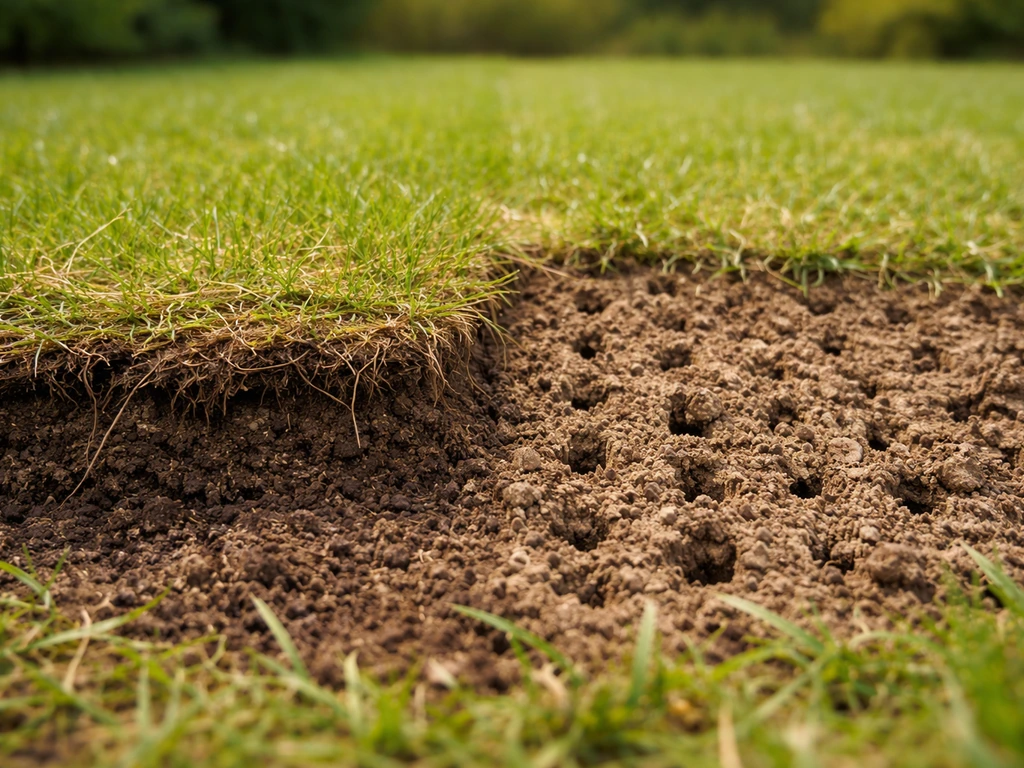 Gazon avec feutre et sol compacté à gauche, sol aéré avec empreintes à droite.