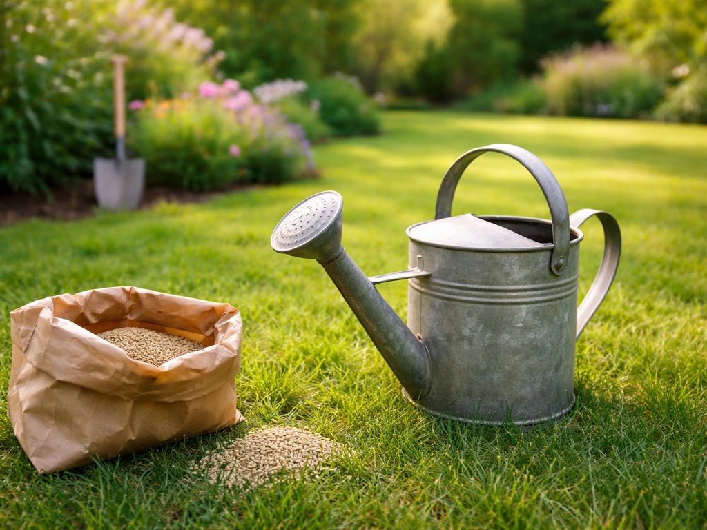 Petit jardin au printemps : arrosoir et semences de gazon près d’une pelouse verte, ambiance fraîche et naturelle.
