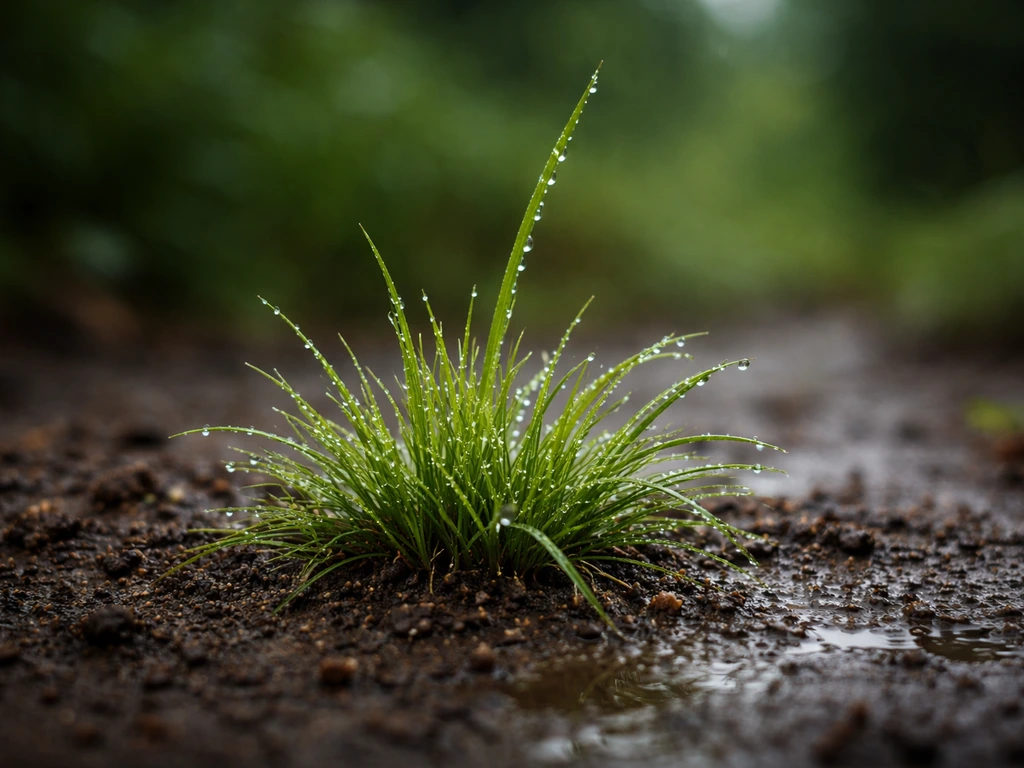 Pelouse fraîchement arrosée avec brins d’herbe couverts de rosée après la pluie, ambiance calme et naturelle.
