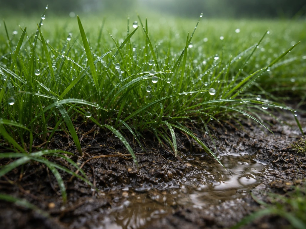 Gros plan d’herbe mouillée juste après la pluie, rosée et sol humide, ambiance fraîche et odorante.