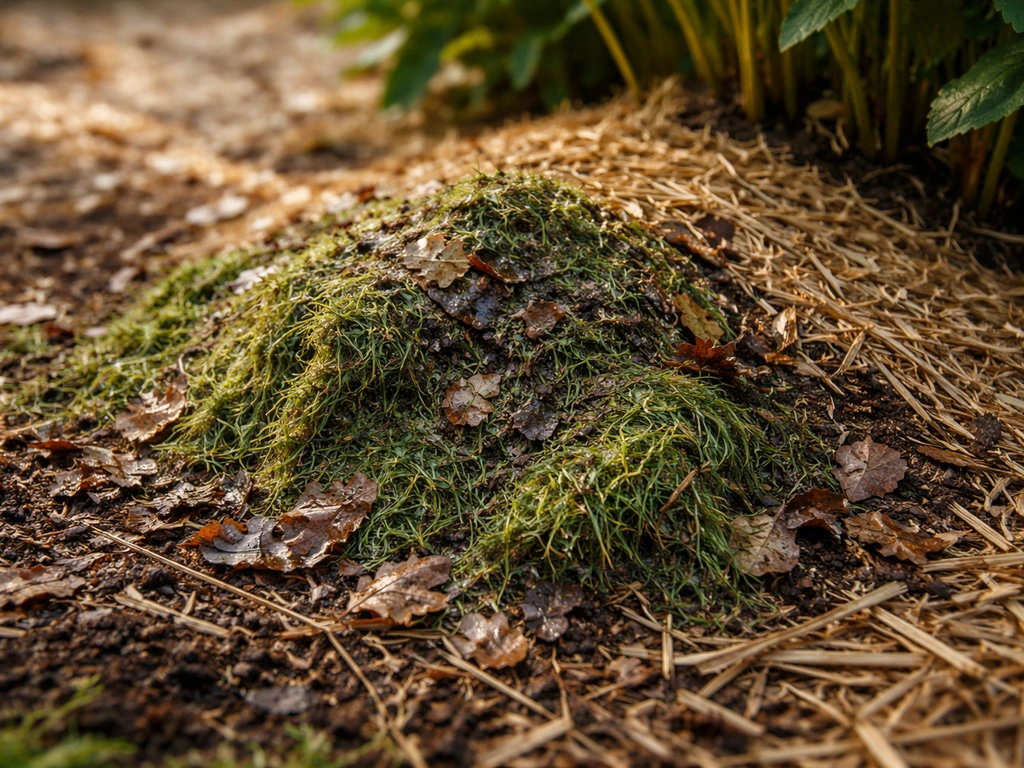 Amas humide de tontes et feuilles mortes sous paillage, texture de décomposition visible dans un jardin.