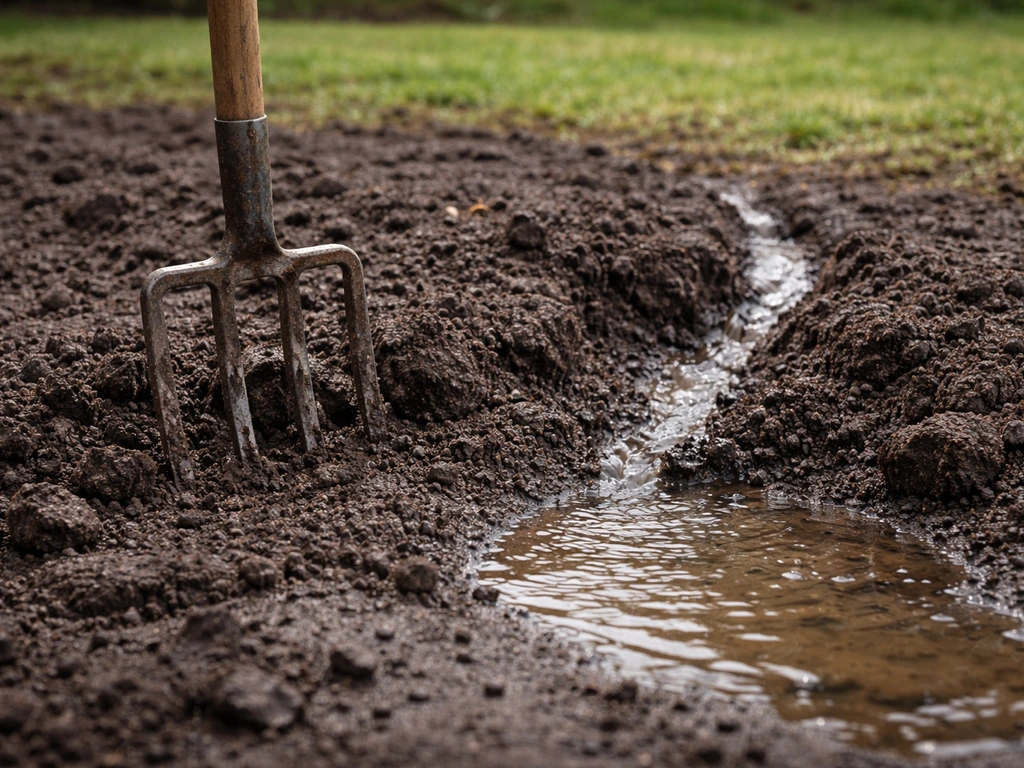 Fourche-bêche dans une terre humide, eau s’écoulant doucement vers une petite zone aménagée.