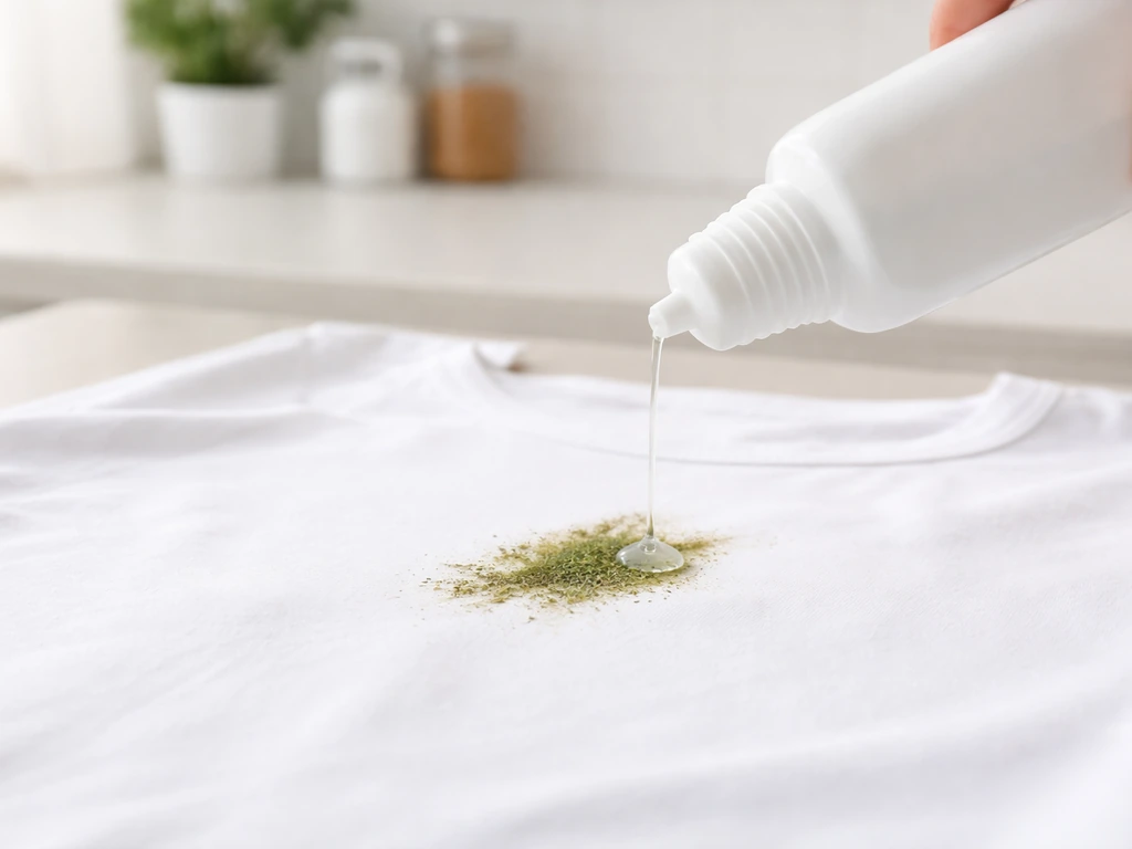 Vêtement blanc avec tache d’herbe, prétraitée par un filet de lessive enzymatique avant lavage.