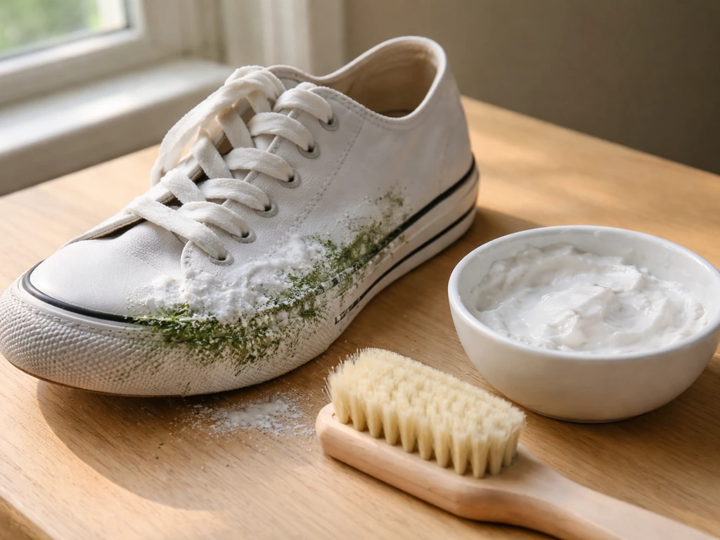 Basket blanche tachée d’herbe, brossage à sec puis pâte de bicarbonate sur la zone avant séchage.