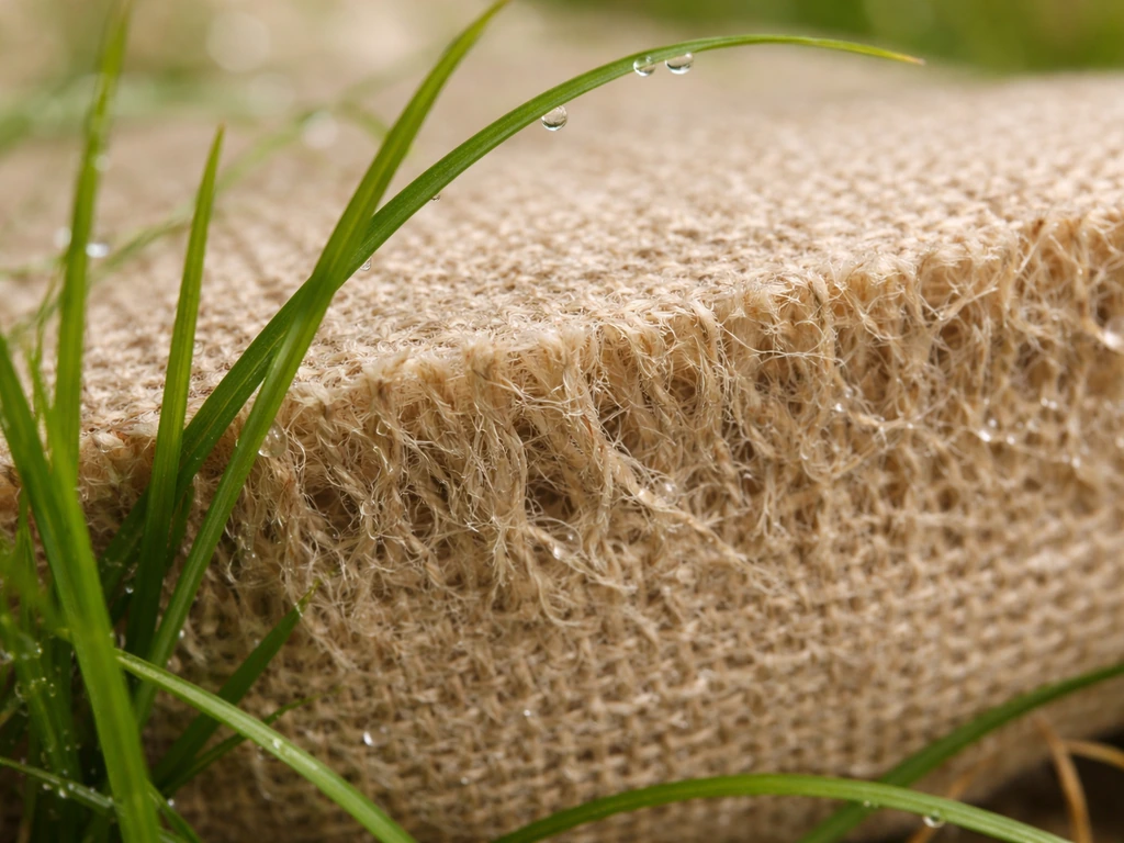 Gros plan macro : brins d’herbe mêlés à des fibres de lin poreuses, montrant l’accroche et la pénétration.