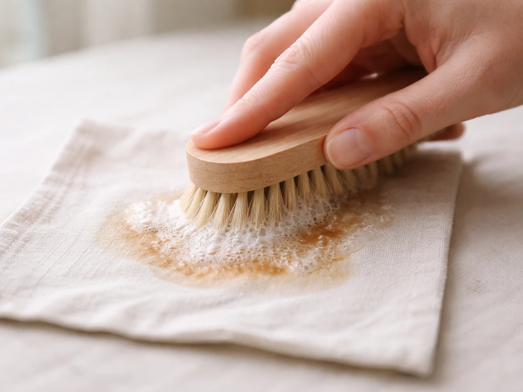 Main anonyme qui applique du savon de Marseille en mousse sur une tache fraîche sur du lin