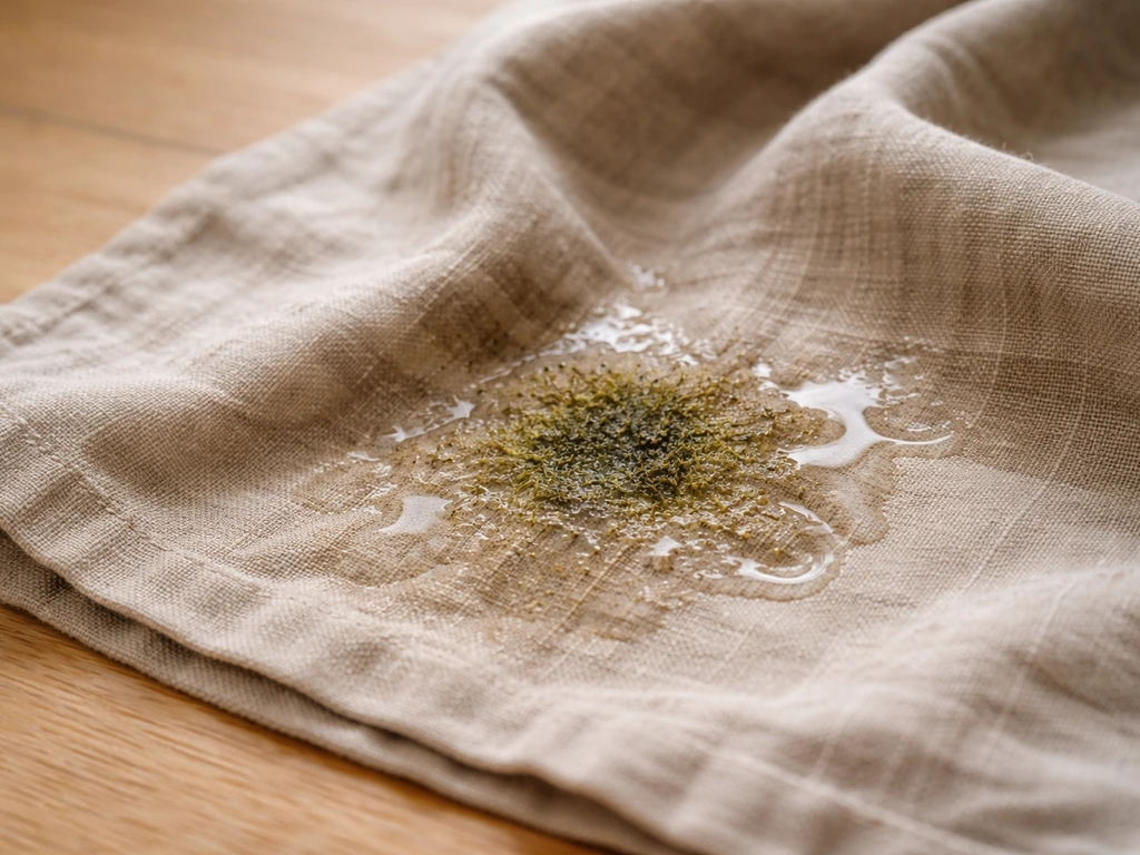 Linge en lin beige avec tache d’herbe ancienne, réhumidifié et en trempage progressif, détail réaliste
