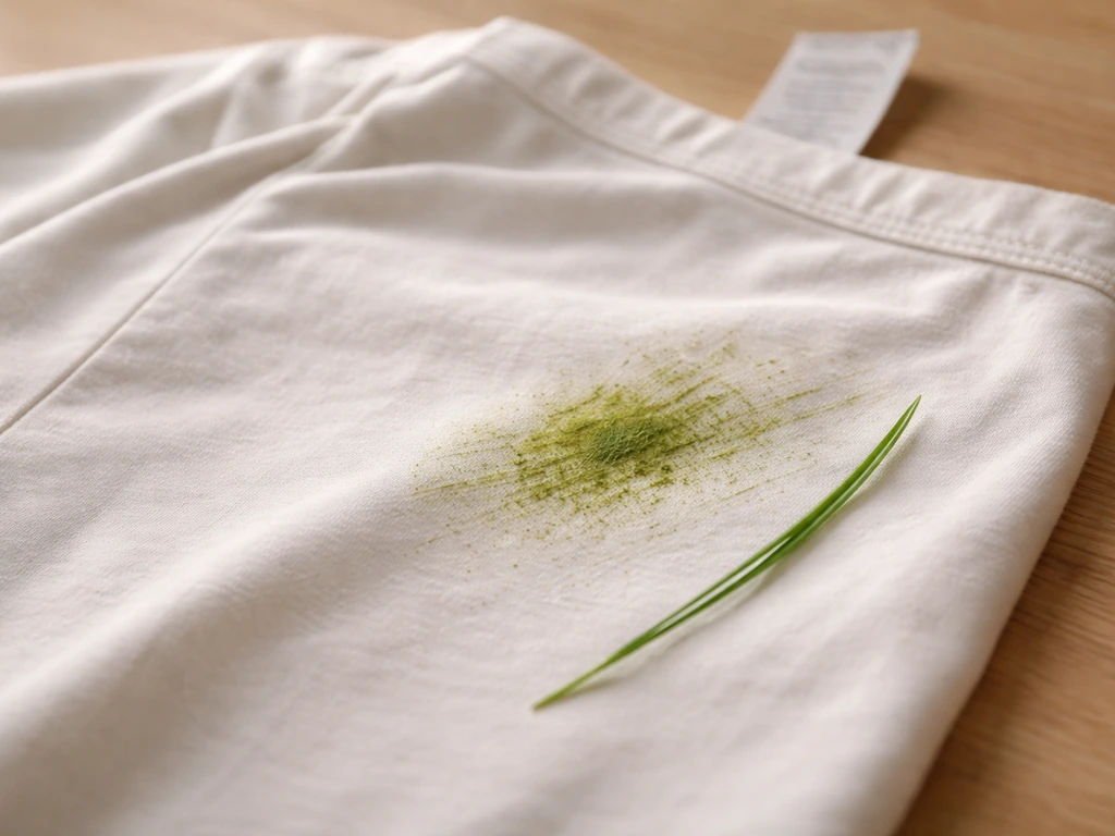 Pantalon ou t-shirt avec tache d’herbe, posé sur une table, brin d’herbe et étiquette de lavage en arrière-plan.