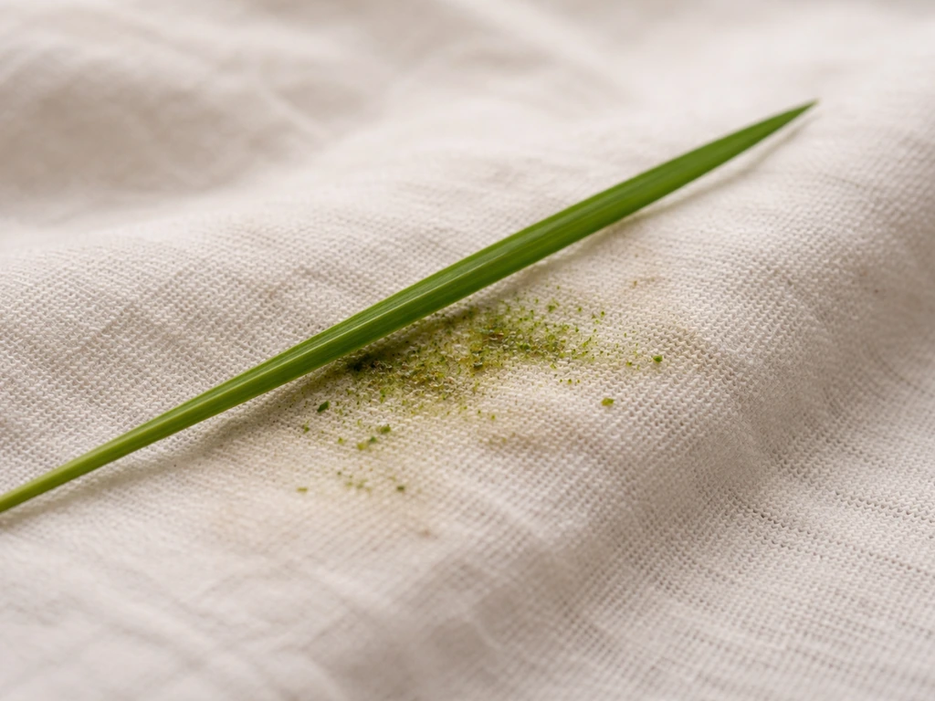 Gros plan d’herbe frottée sur un tissu clair, fibres visibles, tache verte qui brunît par oxydation.