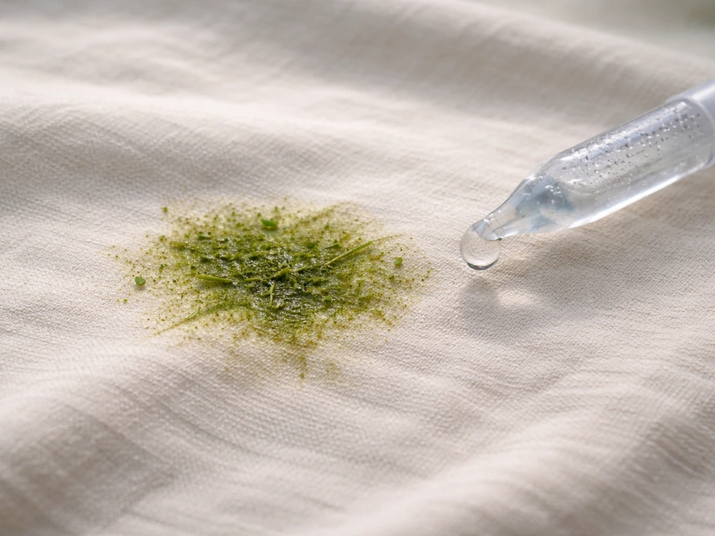 Gros plan d’une tache d’herbe fraîche humide sur tissu avec un compte-gouttes d’eau froide à côté.
