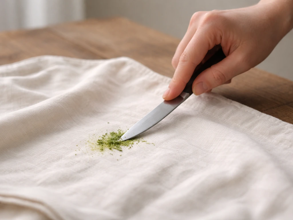 Vêtement sur une table, résidus d’herbe grattés délicatement avec le dos d’un couteau
