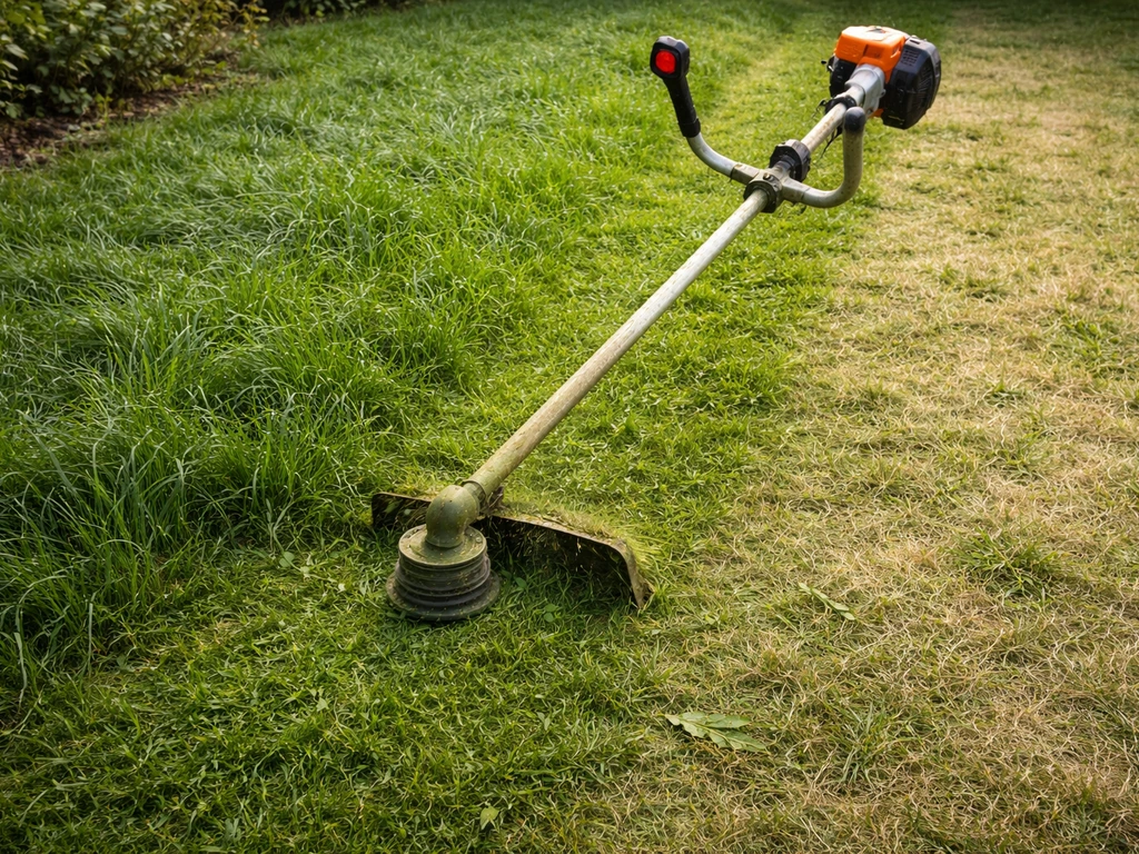 Débroussailleuse en action : herbe humide foncée à gauche et herbe sèche claire à droite, même jardin.