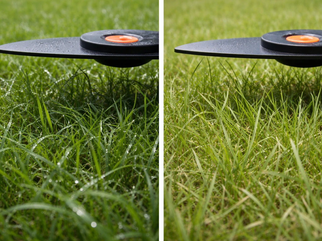 Diptyque : herbe humide collante à gauche, herbe sèche qui se coupe net à droite, lame de tondeuse visible.