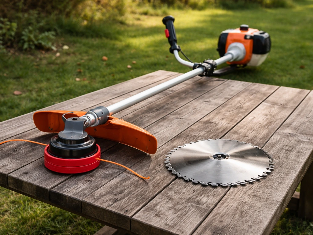 Débroussailleuse et deux accessoires (tête à fil et lame métal) sur table, ambiance jardin.