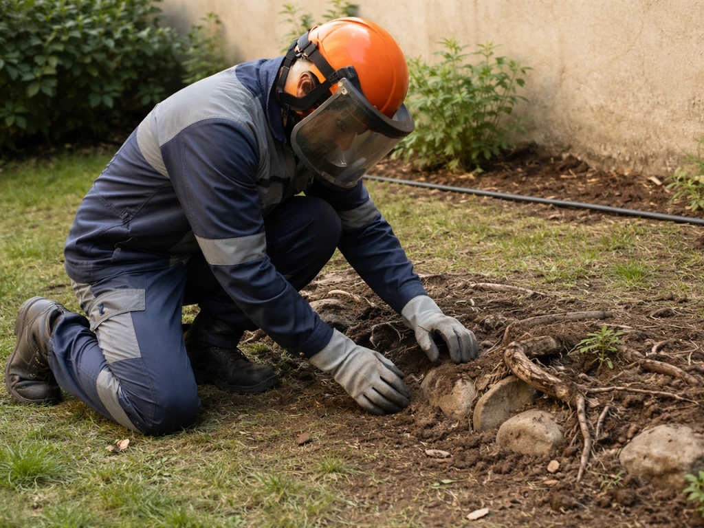 Travailleur équipé inspectant et dégageant une zone de jardin, EPI visibles, avant d’utiliser un outil