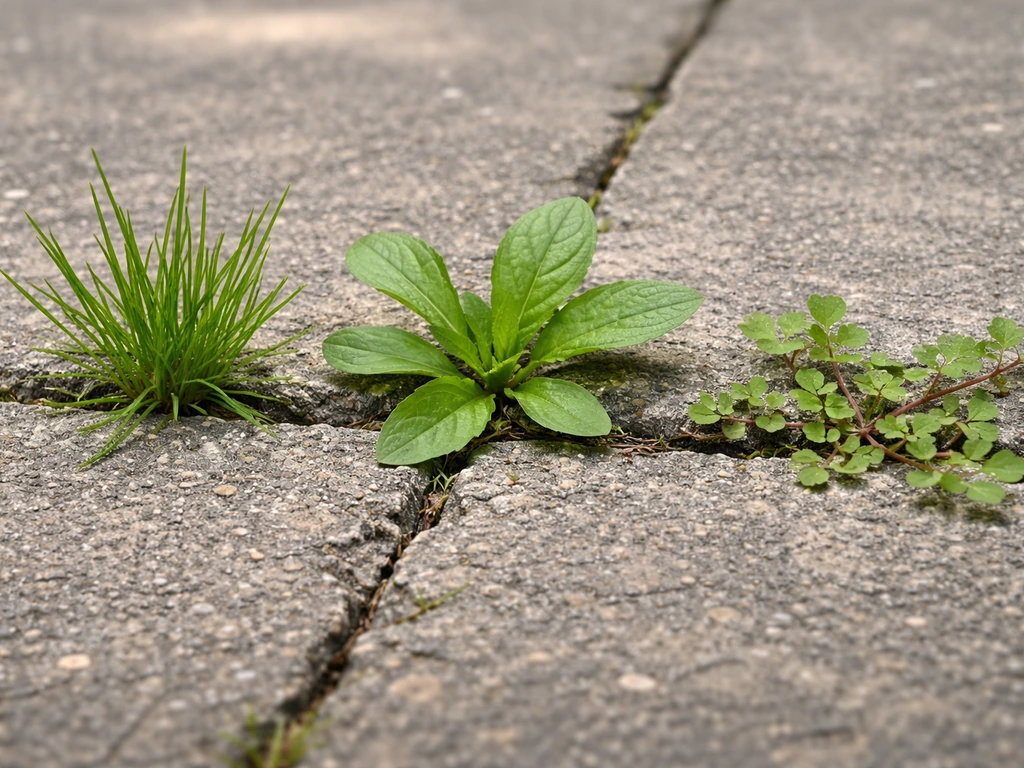 Plan rapproché de différentes mauvaises herbes avec textures distinctes sur une surface minérale, lumière naturelle