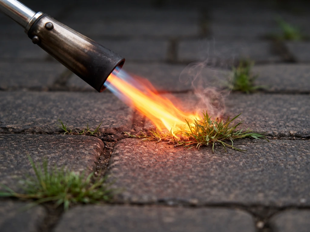 Désherbage thermique : flamme d’un désherbeur à gaz sur une zone entre pavés, végétation en bord de dalle